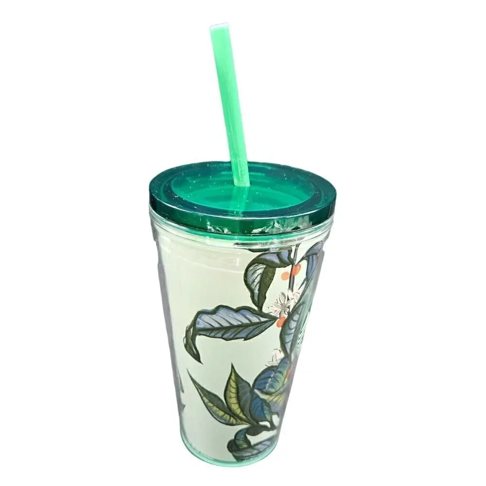 2021 Starbucks Tumbler Cup 16 ozs Seal‎ Lid Straw Green Orange Floral Tropical